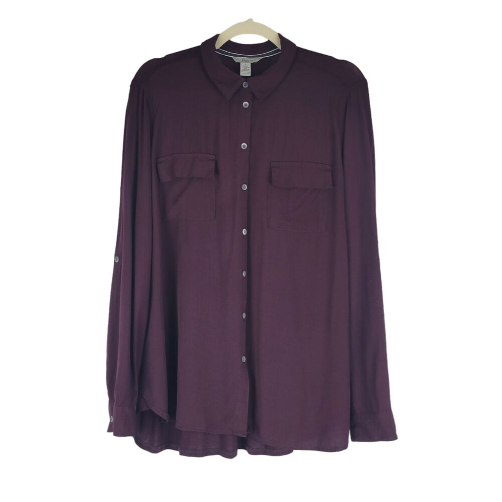 Gap Womens sz L Woven Knit Button Up Shirt Blouse Long Roll Tab Sleeve Burgundy